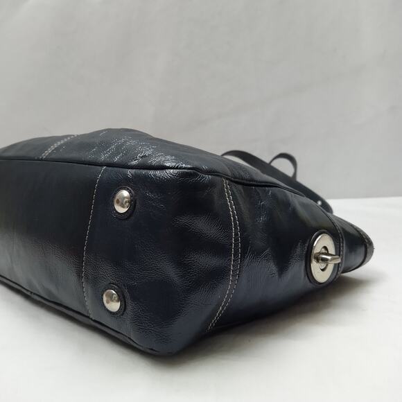 Coach Navy Blue Patent Leather Double Handles Zipper Closure Tote Bag - Picture 13 of 16